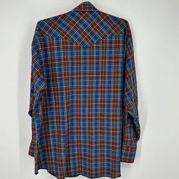 Vtg Rustler Western Pearl Snap Shirt XLong Tails Cowboy Rodeo Blue Plaid Size XL - Picture 3 of 8